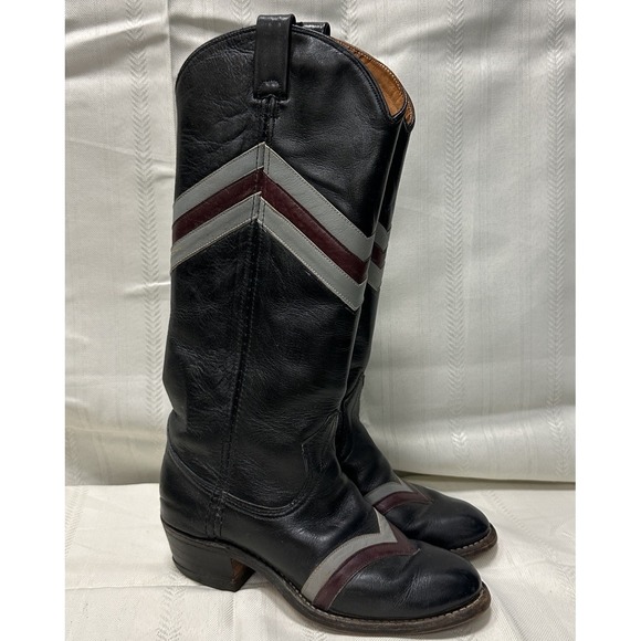 Vintage Miss Capezio Women's 5.5 Western Cowboy Boots‎ Black Leather V-Stripe - Picture 2 of 16